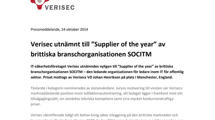 Verisec utnämnt till ”Supplier of the year” av brittiska branschorganisationen SOCITM