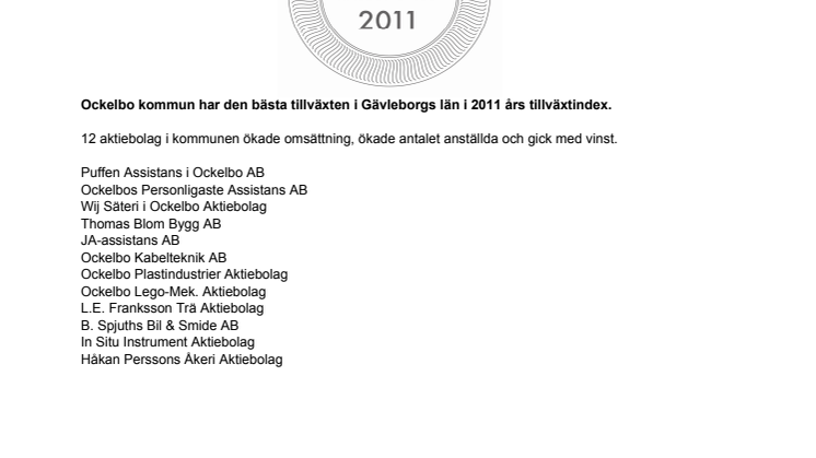 Företagen bakom Bästa Tillväxt 2011 i Ockelbo kommun.