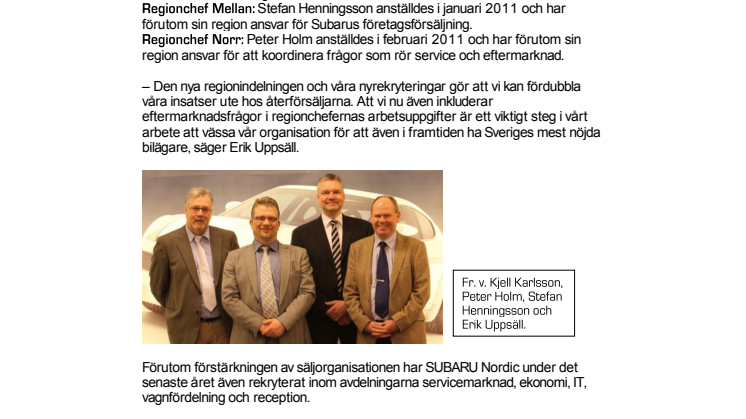 SUBARU Nordic AB förstärker sin säljorganisation