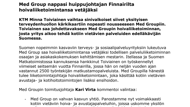Med Group nappasi huippujohtajan Finnairilta hoivaliiketoimintansa vetäjäksi