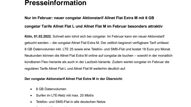 PDF: Nur im Februar: neuer congstar Aktionstarif Allnet Flat Extra M mit 8 GB