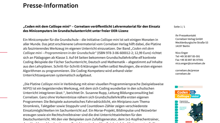„Coden mit dem Calliope mini“ – Cornelsen veröffentlicht Lehrermaterial für den Einsatz des Minicomputers im Grundschulunterricht unter freier OER-Lizenz