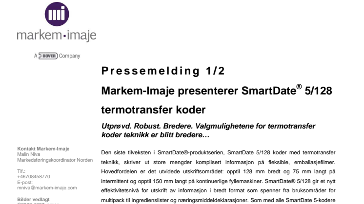 Markem-Imaje presenterer SmartDate® 5/128 termotransfer koder 