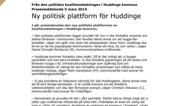 Ny politisk plattform för Huddinge 
