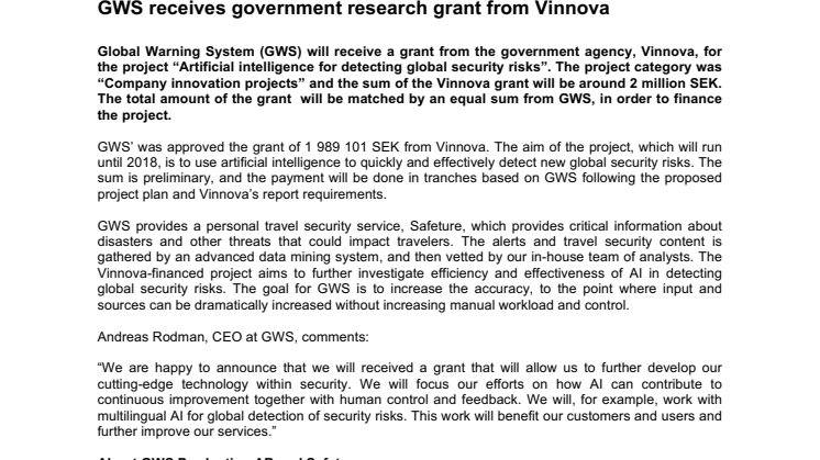 GWS receives government research grant from Vinnova