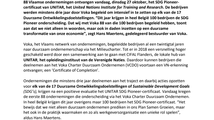 Vlaams-Brabantse bedrijven ontvangen VN-duurzaamheidscertificaat ‘SDG Pioneer’