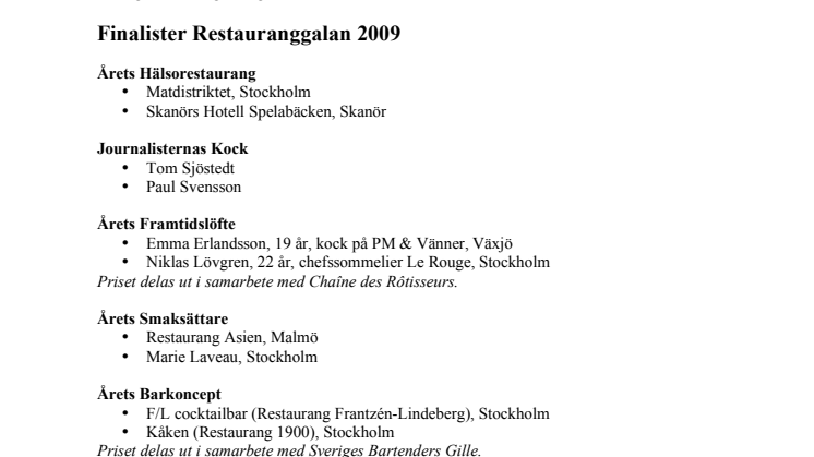 26 finalister klara för Restauranggalan 2009