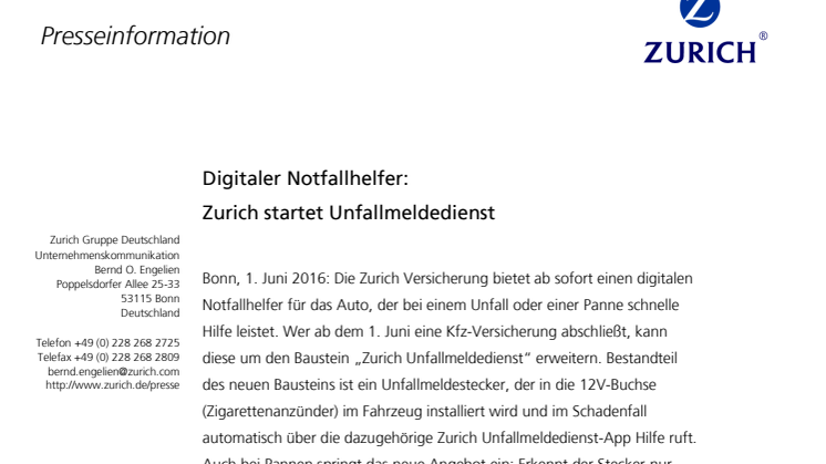 Digitaler Notfallhelfer: Zurich startet Unfallmeldedienst