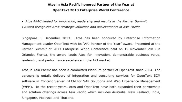 Atos in Asia Pacific honored Partner of the Year at  OpenText 2013 Enterprise World Conference 
