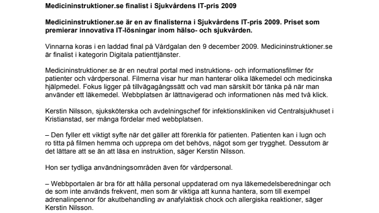 Medicininstruktioner.se finalist i Sjukvårdens IT-pris 2009