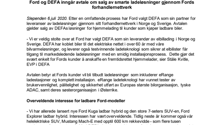 Ford og DEFA inngår avtale om salg av smarte ladeløsninger 