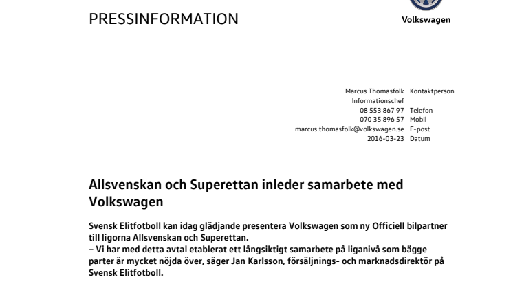 Allsvenskan och Superettan inleder samarbete med Volkswagen