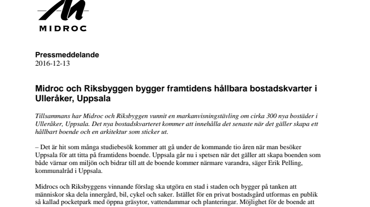 Midroc och Riksbyggen bygger framtidens hållbara bostadskvarter i Ulleråker, Uppsala