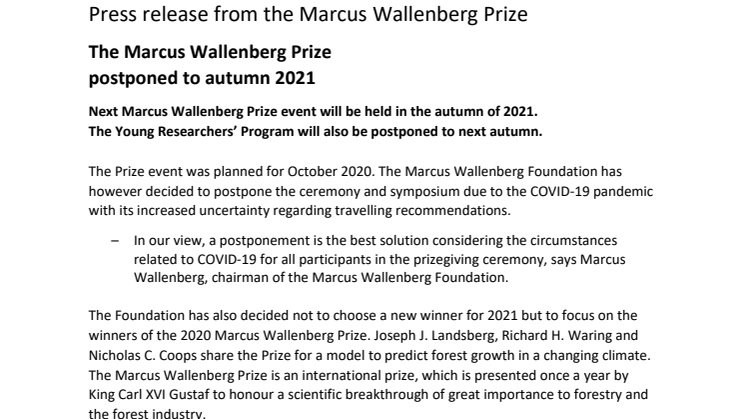 MWP Press release Prize event postponed to 2021