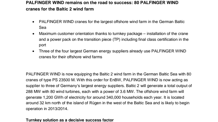 PALFINGER WIND remains on the road to success: 80 PALFINGER WIND cranes for the Baltic 2 wind farm 