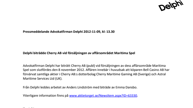 Delphi biträdde Cherry AB vid försäljningen av affärsområdet Maritima Spel 