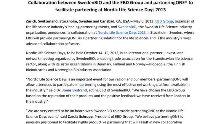 SwedenBIO och EBD Group samarbetar för att koordinera partneringmöten på Nordic Life Science Days med partneringONE