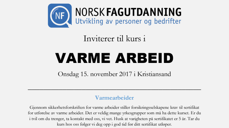 Varmearbeidkurs i Kristiansand 15 november 2017