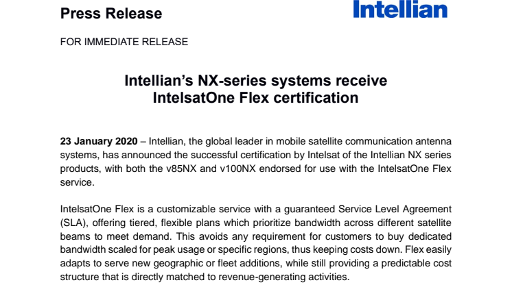 Intellian’s NX-series systems receive IntelsatOne Flex certification