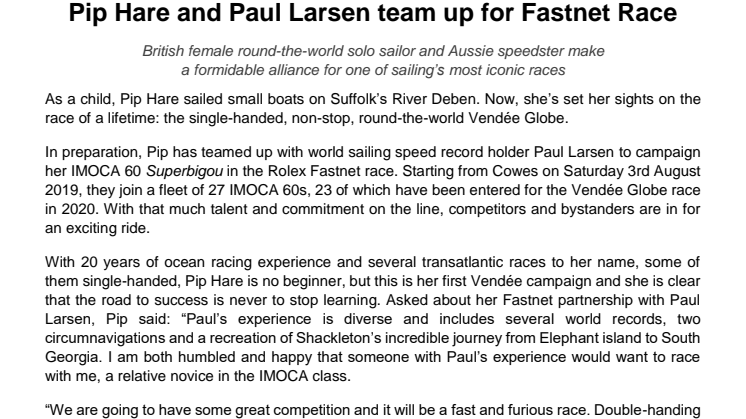 Pip Hare and Paul Larsen team up for Fastnet Race