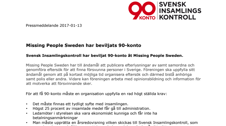 Missing People Sweden har beviljats 90-konto