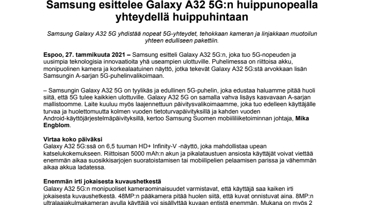 Samsung esittelee Galaxy A32 5G:n huippunopealla yhteydellä huippuhintaan