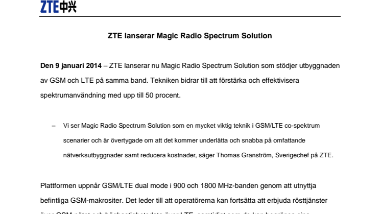 ZTE lanserar Magic Radio Spectrum Solution 