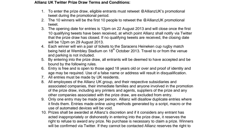 Allianz Twitter Competition: 10 pairs of tickets for Saracens vs Toulouse