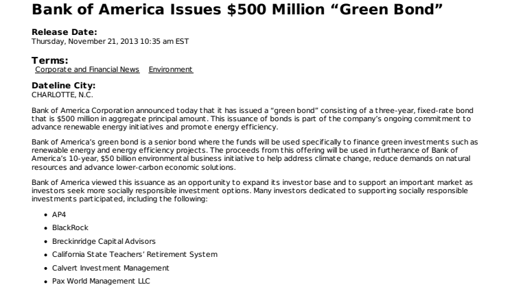 AP4 invests in Bank of America's green bond 