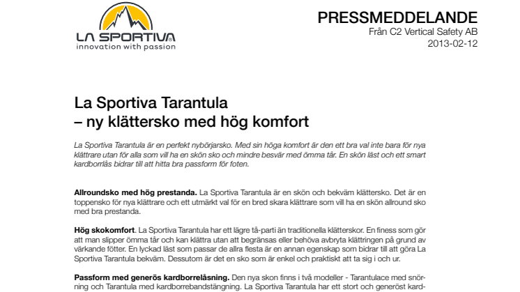 La Sportiva Tarantula – ny klättersko med hög komfort 