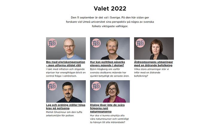 Skärmdump från Umeå universitets samlingsida inför valet