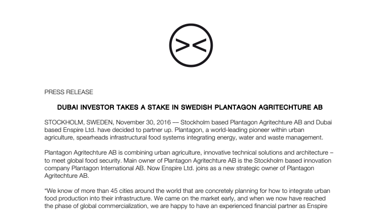 Dubai investor takes a stake in Swedish Plantagon Agritechture AB
