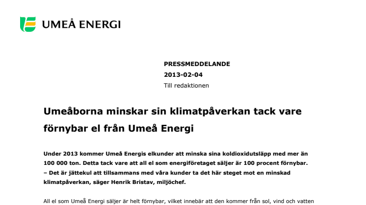 Umeåborna minskar sin klimatpåverkan tack vare förnybar el från Umeå Energi