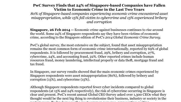 PwC Survey Finds that 24% of Singapore-based Companies have Fallen Victim to Economic Crime in the Last Two Years