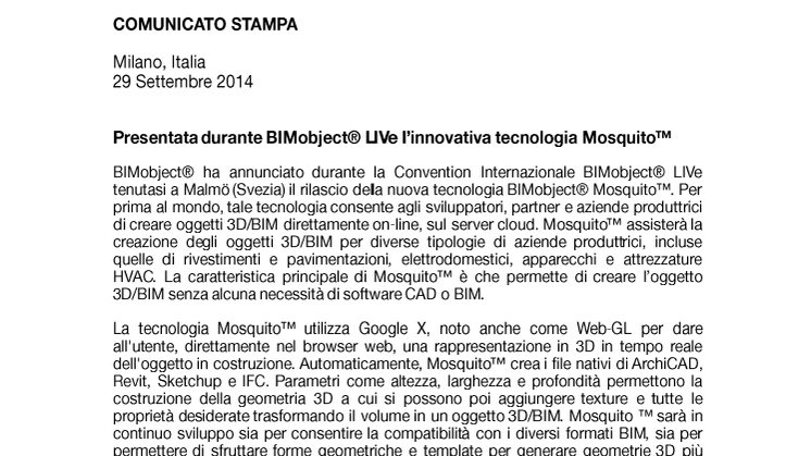 Presentata durante BIMobject® LIVe l’innovativa tecnologia Mosquito™ 