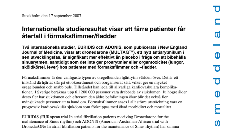 Internationella studieresultat visar att färre patienter får återfall i förmaksflimmer/fladder 