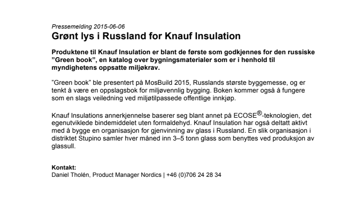 Grønt lys i Russland for Knauf Insulation
