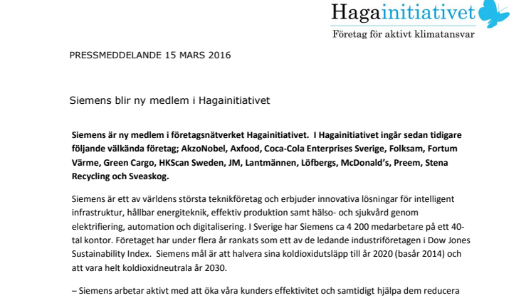 Siemens blir ny medlem i Hagainitiativet