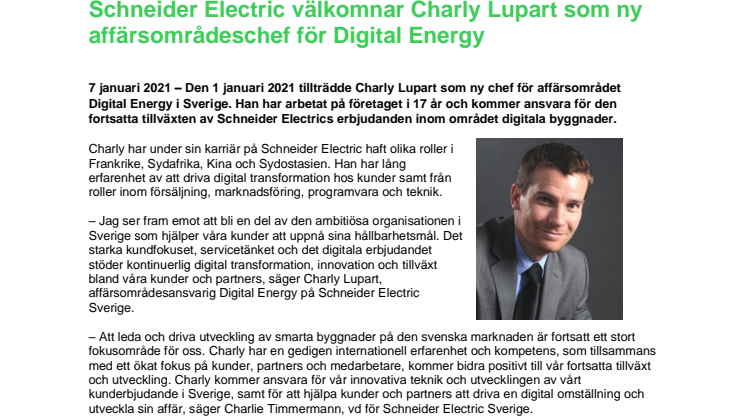 Schneider Electric välkomnar Charly Lupart som ny affärsområdeschef för Digital Energy