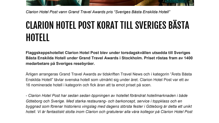 CLARION HOTEL POST KORAT TILL SVERIGES BÄSTA HOTELL