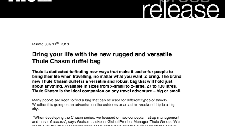 Bring your life with the new rugged and versatile Thule Chasm duffel bag
