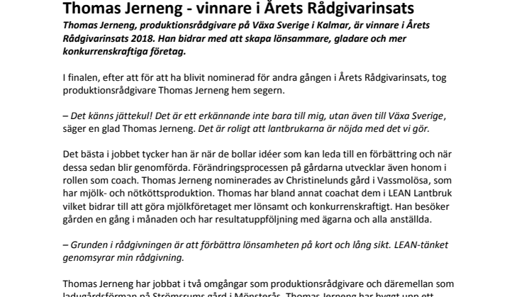 Thomas Jerneng - vinnare i Årets Rådgivarinsats  