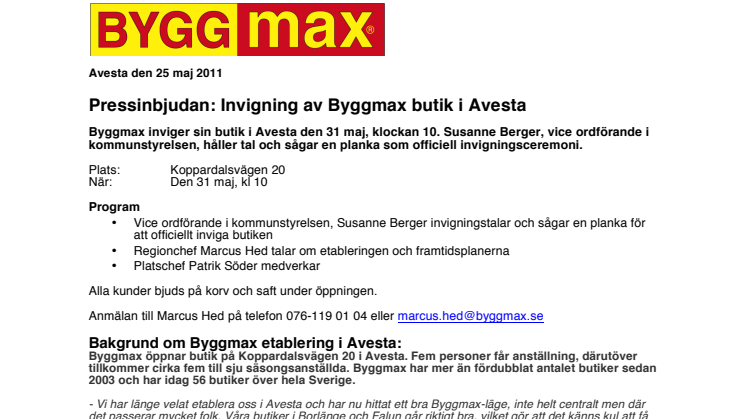 Pressinbjudan: Invigning av Byggmax butik i Avesta