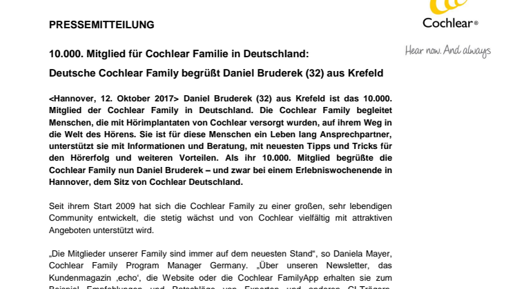 10.000. Mitglied für Cochlear Familie in Deutschland: Deutsche Cochlear Family begrüßt Daniel Bruderek (32) aus Krefeld