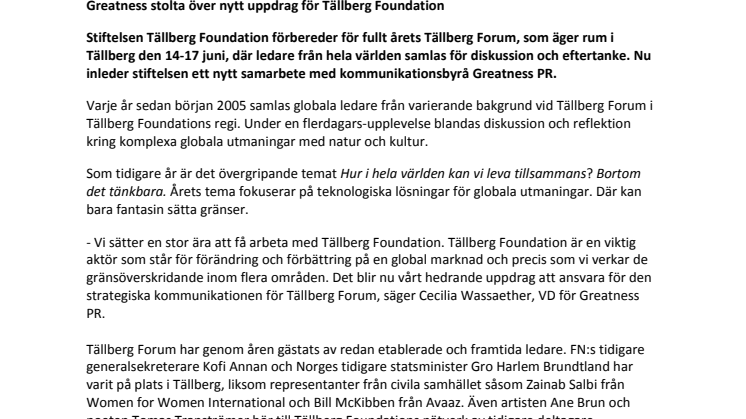 Greatness stolta över nytt uppdrag för Tällberg Foundation 