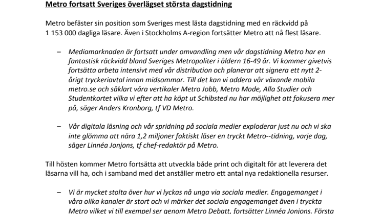 ​Metro fortsatt Sveriges överlägset största dagstidning