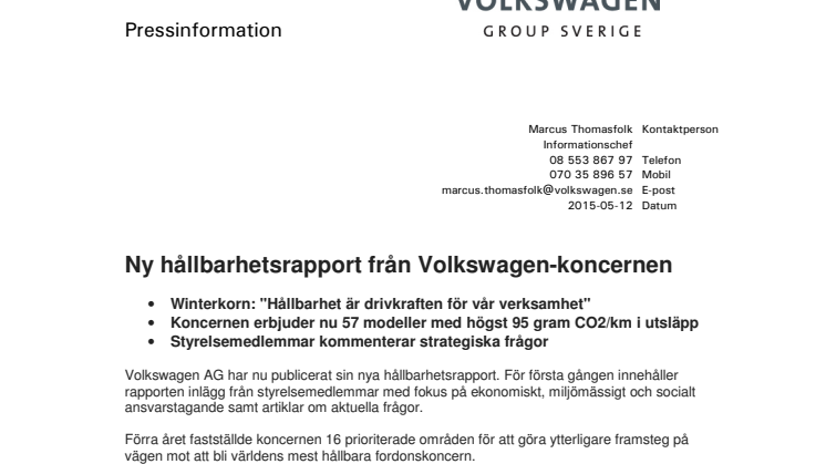 Ny hållbarhetsrapport från Volkswagen-koncernen