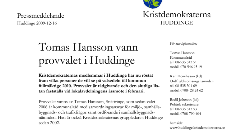 Tomas Hansson vann provvalet i Huddinge (KD)