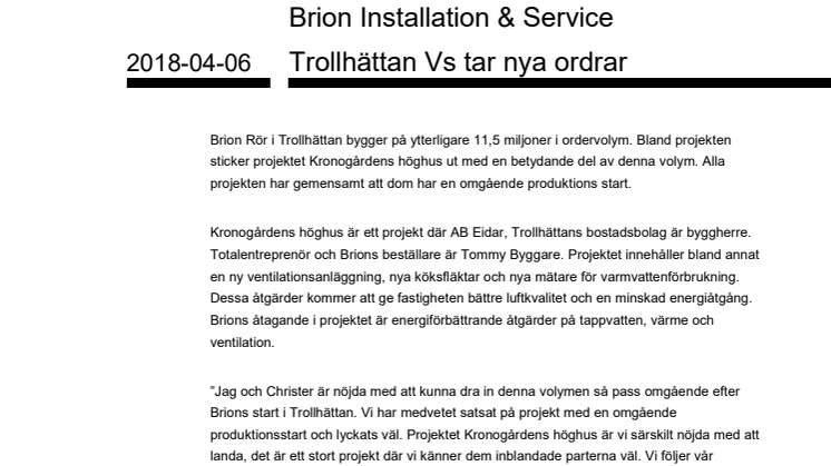 Brion Installation & Service  Trollhättan Vs tar nya ordrar