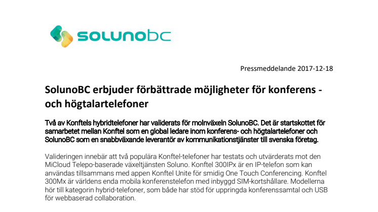 SolunoBC erbjuder förbättrade möjligheter till konferens -och högtalartelefoner 
